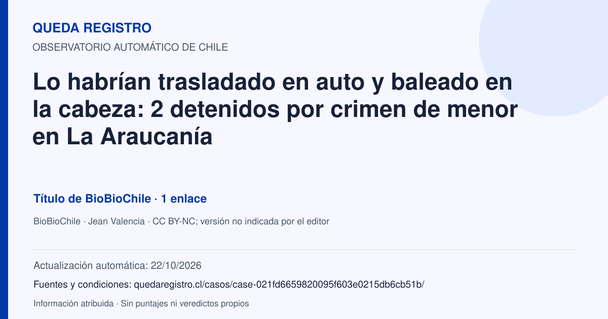 Tarjeta de Queda Registro. Lo habrían trasladado en auto y baleado en la cabeza: 2 detenidos por crimen de menor en La Araucanía. Título de BioBioChile. 1 enlaces atribuidos. Actualización: 22/10/2026.. Recopilación automática, sin veredicto propio.