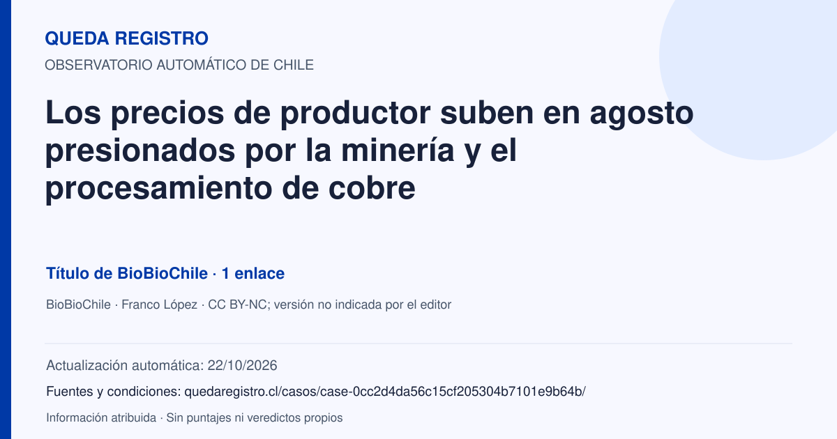 Tarjeta de Queda Registro. Los precios de productor suben en agosto presionados por la minería y el procesamiento de cobre. Título de BioBioChile. 1 enlaces atribuidos. Actualización: 22/10/2026.. Recopilación automática, sin veredicto propio.