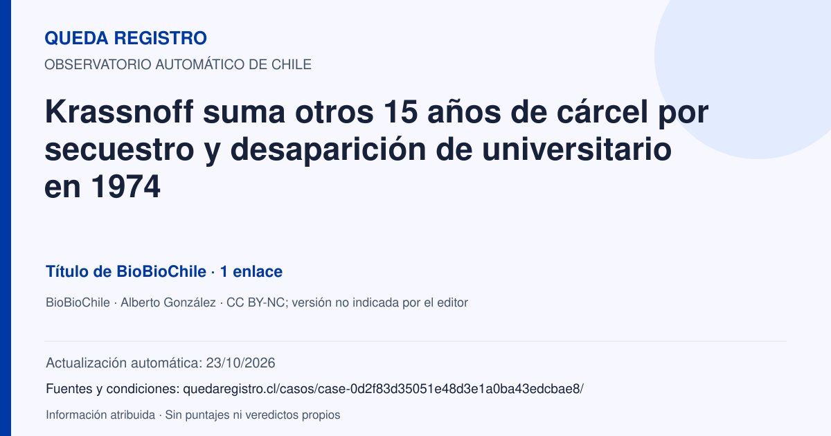 Tarjeta de Queda Registro. Krassnoff suma otros 15 años de cárcel por secuestro y desaparición de universitario en 1974. Título de BioBioChile. 1 enlaces atribuidos. Actualización: 23/10/2026.. Recopilación automática, sin veredicto propio.