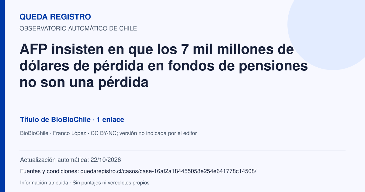Tarjeta de Queda Registro. AFP insisten en que los 7 mil millones de dólares de pérdida en fondos de pensiones no son una pérdida. Título de BioBioChile. 1 enlaces atribuidos. Actualización: 22/10/2026.. Recopilación automática, sin veredicto propio.