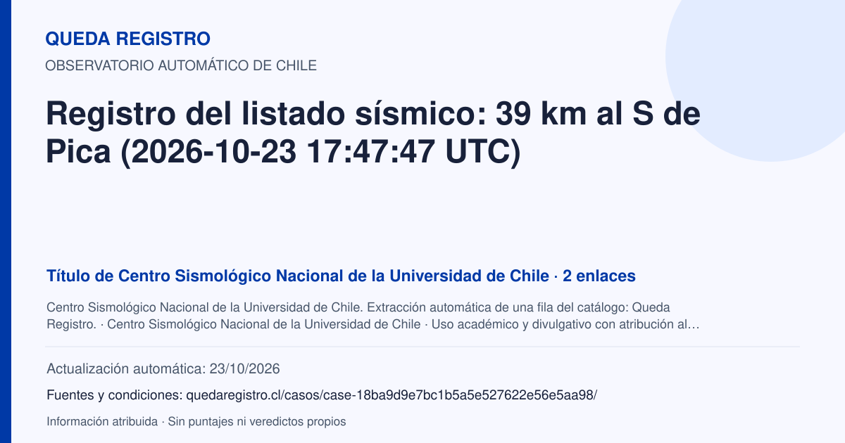 Tarjeta de Queda Registro. Registro del listado sísmico: 39 km al S de Pica (2026-10-23 17:47:47 UTC). Título de Centro Sismológico Nacional de la Universidad de Chile. 2 enlaces atribuidos. Actualización: 23/10/2026.. Recopilación automática, sin veredicto propio.