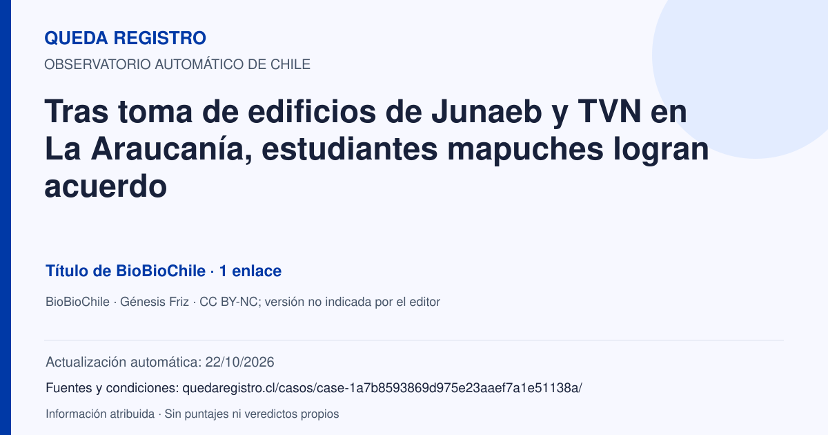 Tarjeta de Queda Registro. Tras toma de edificios de Junaeb y TVN en La Araucanía, estudiantes mapuches logran acuerdo. Título de BioBioChile. 1 enlaces atribuidos. Actualización: 22/10/2026.. Recopilación automática, sin veredicto propio.