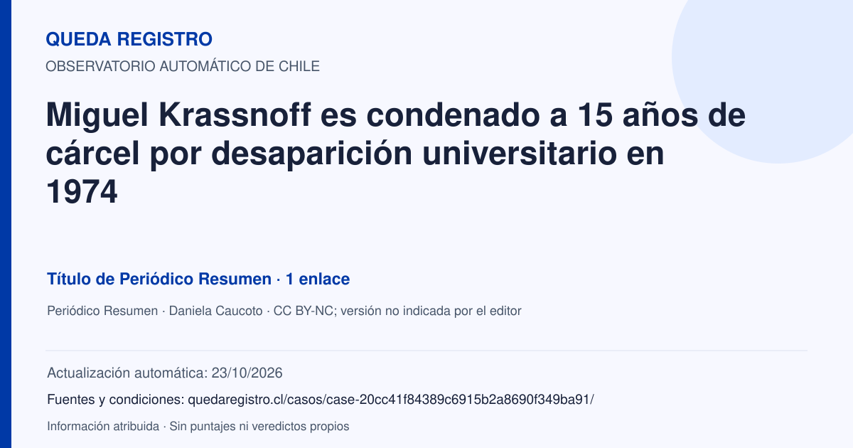 Tarjeta de Queda Registro. Miguel Krassnoff es condenado a 15 años de cárcel por desaparición universitario en 1974. Título de Periódico Resumen. 1 enlaces atribuidos. Actualización: 23/10/2026.. Recopilación automática, sin veredicto propio.