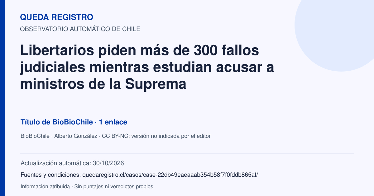 Tarjeta de Queda Registro. Libertarios piden más de 300 fallos judiciales mientras estudian acusar a ministros de la Suprema. Título de BioBioChile. 1 enlaces atribuidos. Actualización: 30/10/2026.. Recopilación automática, sin veredicto propio.