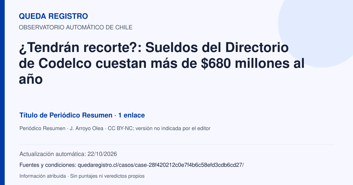 Tarjeta de Queda Registro. ¿Tendrán recorte?: Sueldos del Directorio de Codelco cuestan más de $680 millones al año. Título de Periódico Resumen. 1 enlaces atribuidos. Actualización: 22/10/2026.. Recopilación automática, sin veredicto propio.