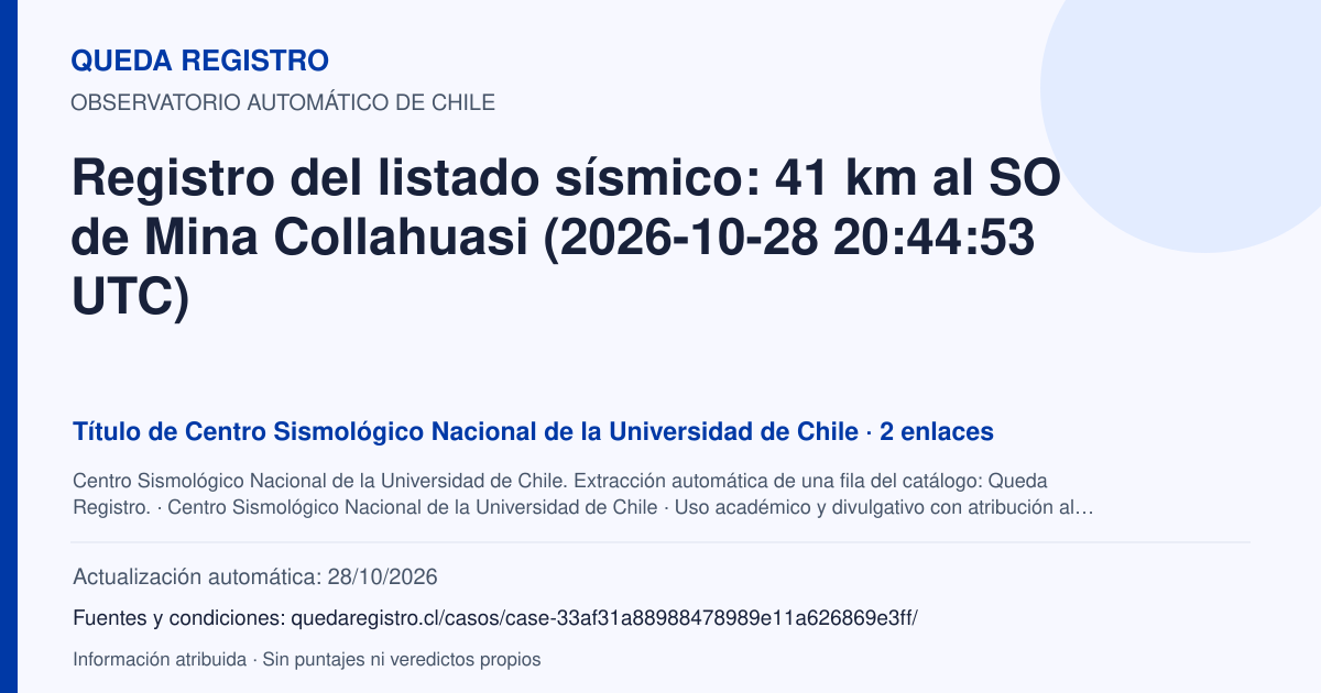 Tarjeta de Queda Registro. Registro del listado sísmico: 41 km al SO de Mina Collahuasi (2026-10-28 20:44:53 UTC). Título de Centro Sismológico Nacional de la Universidad de Chile. 2 enlaces atribuidos. Actualización: 28/10/2026.. Recopilación automática, sin veredicto propio.
