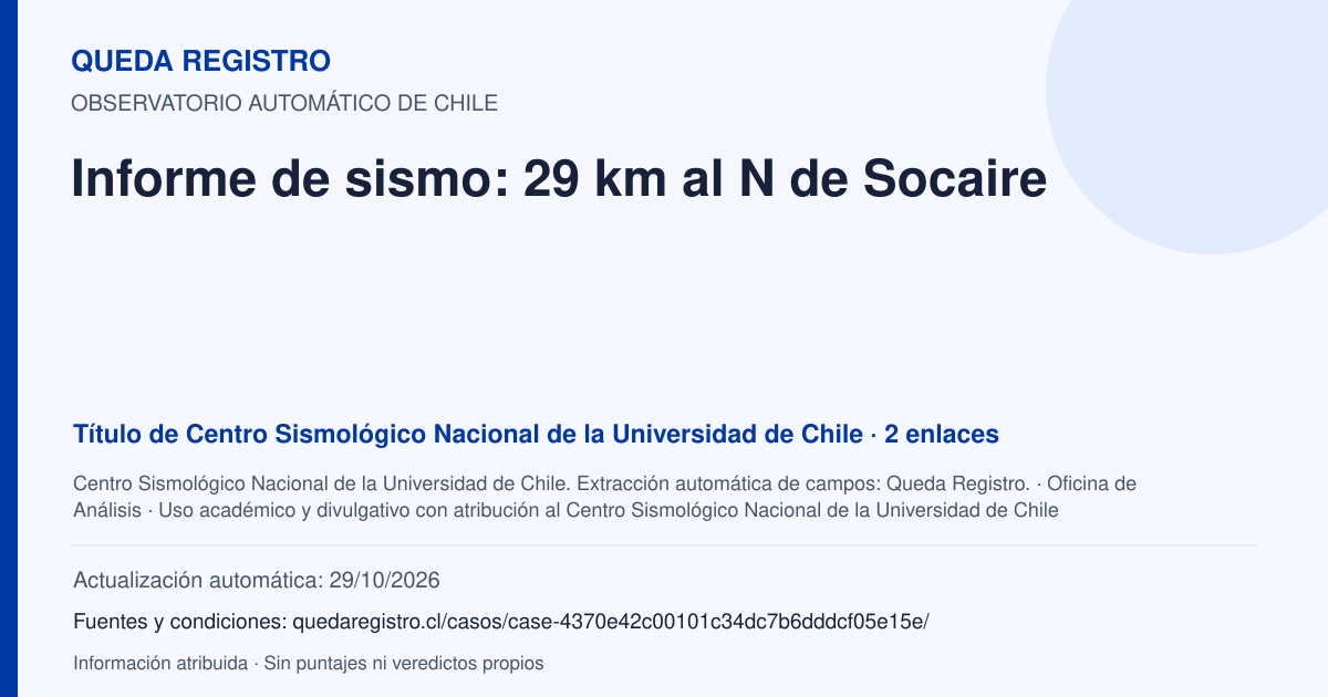 Tarjeta de Queda Registro. Informe de sismo: 29 km al N de Socaire. Título de Centro Sismológico Nacional de la Universidad de Chile. 2 enlaces atribuidos. Actualización: 29/10/2026.. Recopilación automática, sin veredicto propio.