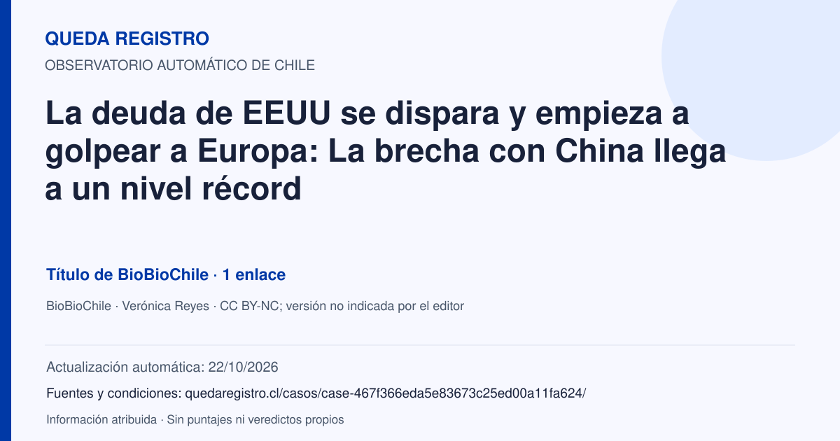 Tarjeta de Queda Registro. La deuda de EEUU se dispara y empieza a golpear a Europa: La brecha con China llega a un nivel récord. Título de BioBioChile. 1 enlaces atribuidos. Actualización: 22/10/2026.. Recopilación automática, sin veredicto propio.