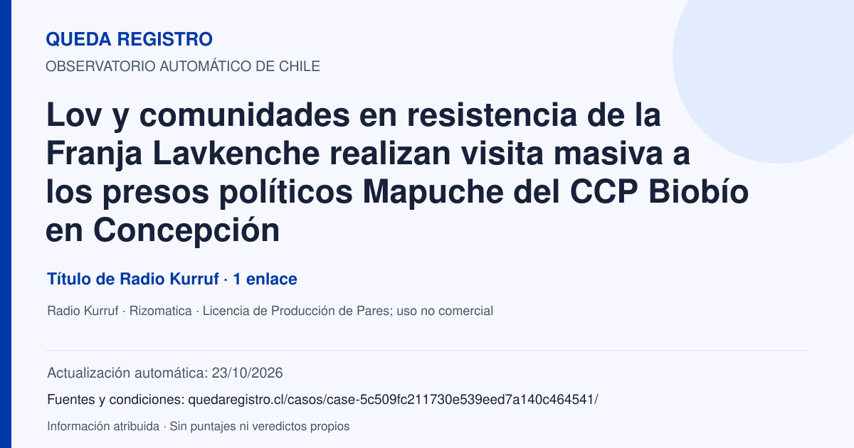 Tarjeta de Queda Registro. Lov y comunidades en resistencia de la Franja Lavkenche realizan visita masiva a los presos políticos Mapuche del CCP Biobío en Concepción. Título de Radio Kurruf. 1 enlaces atribuidos. Actualización: 23/10/2026.. Recopilación automática, sin veredicto propio.