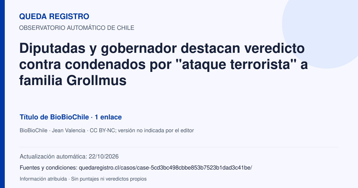 Tarjeta de Queda Registro. Diputadas y gobernador destacan veredicto contra condenados por "ataque terrorista" a familia Grollmus. Título de BioBioChile. 1 enlaces atribuidos. Actualización: 22/10/2026.. Recopilación automática, sin veredicto propio.