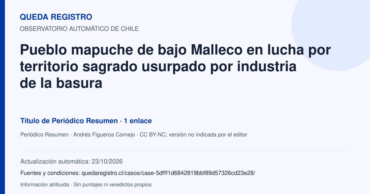 Tarjeta de Queda Registro. Pueblo mapuche de bajo Malleco en lucha por territorio sagrado usurpado por industria de la basura. Título de Periódico Resumen. 1 enlaces atribuidos. Actualización: 23/10/2026.. Recopilación automática, sin veredicto propio.