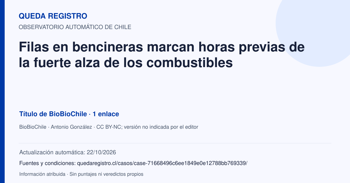 Tarjeta de Queda Registro. Filas en bencineras marcan horas previas de la fuerte alza de los combustibles. Título de BioBioChile. 1 enlaces atribuidos. Actualización: 22/10/2026.. Recopilación automática, sin veredicto propio.