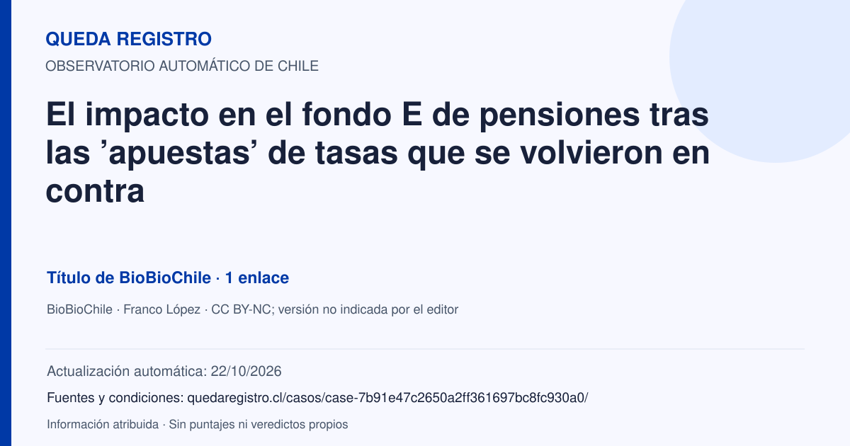 Tarjeta de Queda Registro. El impacto en el fondo E de pensiones tras las ’apuestas’ de tasas que se volvieron en contra. Título de BioBioChile. 1 enlaces atribuidos. Actualización: 22/10/2026.. Recopilación automática, sin veredicto propio.