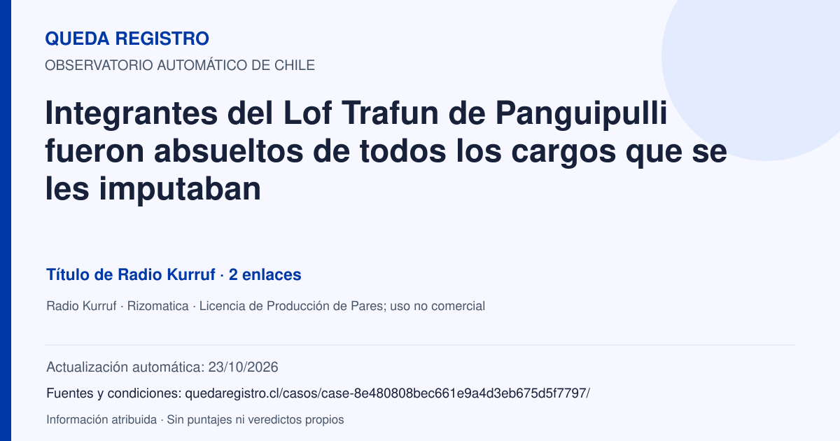 Tarjeta de Queda Registro. Integrantes del Lof Trafun de Panguipulli fueron absueltos de todos los cargos que se les imputaban. Título de Radio Kurruf. 2 enlaces atribuidos. Actualización: 23/10/2026.. Recopilación automática, sin veredicto propio.