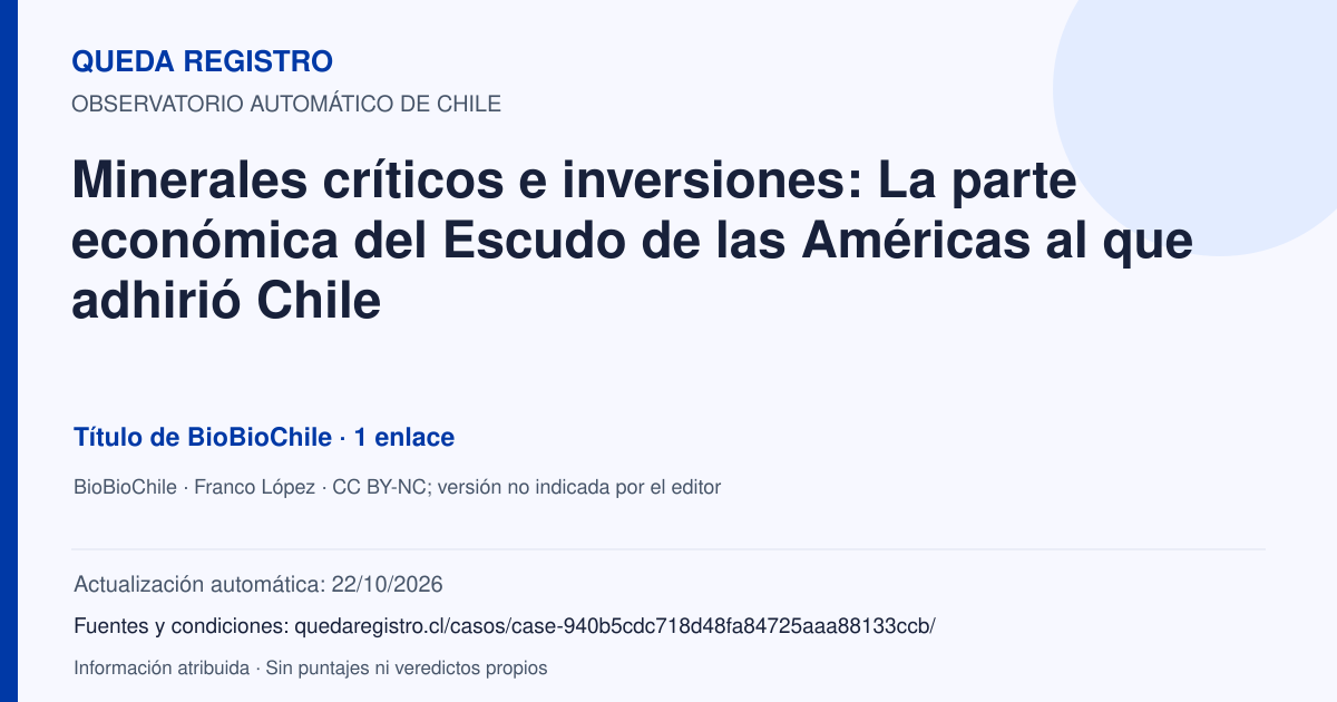 Tarjeta de Queda Registro. Minerales críticos e inversiones: La parte económica del Escudo de las Américas al que adhirió Chile. Título de BioBioChile. 1 enlaces atribuidos. Actualización: 22/10/2026.. Recopilación automática, sin veredicto propio.