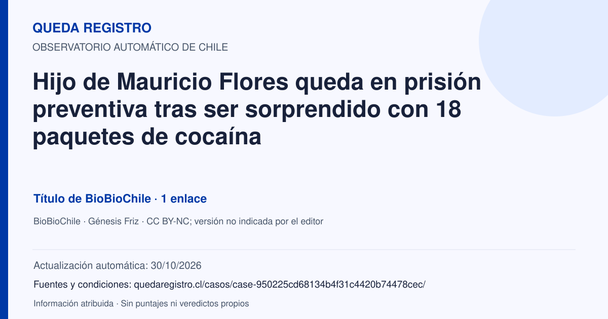 Tarjeta de Queda Registro. Hijo de Mauricio Flores queda en prisión preventiva tras ser sorprendido con 18 paquetes de cocaína. Título de BioBioChile. 1 enlaces atribuidos. Actualización: 30/10/2026.. Recopilación automática, sin veredicto propio.