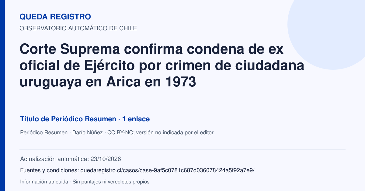 Tarjeta de Queda Registro. Corte Suprema confirma condena de ex oficial de Ejército por crimen de ciudadana uruguaya en Arica en 1973. Título de Periódico Resumen. 1 enlaces atribuidos. Actualización: 23/10/2026.. Recopilación automática, sin veredicto propio.