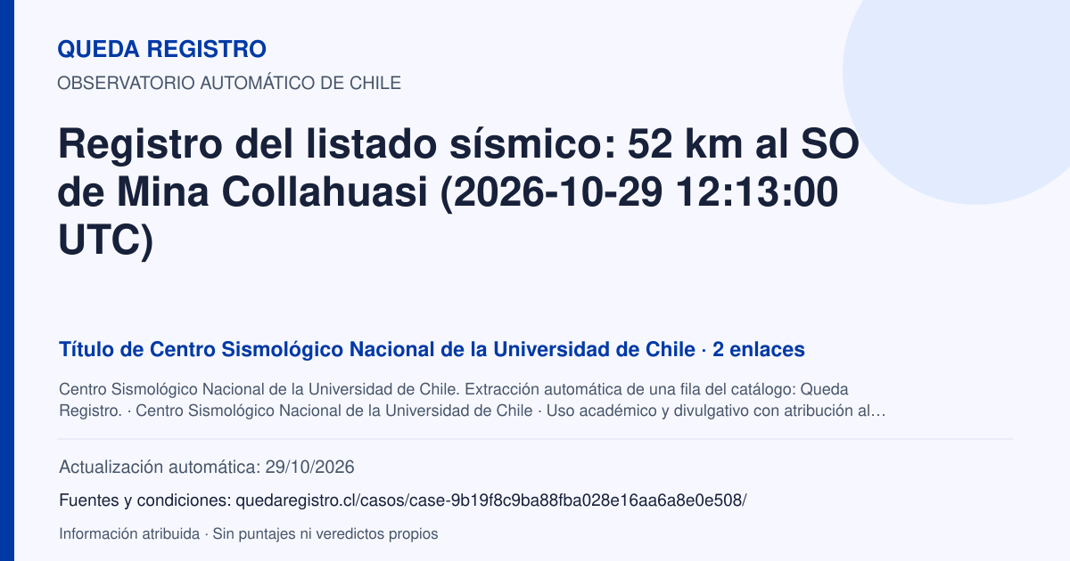 Tarjeta de Queda Registro. Registro del listado sísmico: 52 km al SO de Mina Collahuasi (2026-10-29 12:13:00 UTC). Título de Centro Sismológico Nacional de la Universidad de Chile. 2 enlaces atribuidos. Actualización: 29/10/2026.. Recopilación automática, sin veredicto propio.