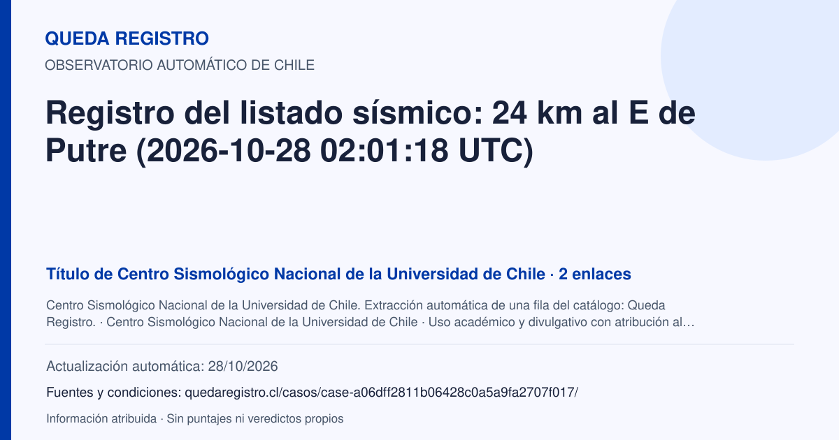 Tarjeta de Queda Registro. Registro del listado sísmico: 24 km al E de Putre (2026-10-28 02:01:18 UTC). Título de Centro Sismológico Nacional de la Universidad de Chile. 2 enlaces atribuidos. Actualización: 28/10/2026.. Recopilación automática, sin veredicto propio.