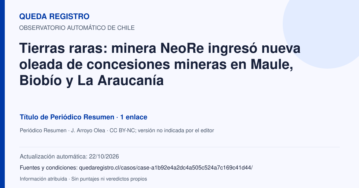 Tarjeta de Queda Registro. Tierras raras: minera NeoRe ingresó nueva oleada de concesiones mineras en Maule, Biobío y La Araucanía. Título de Periódico Resumen. 1 enlaces atribuidos. Actualización: 22/10/2026.. Recopilación automática, sin veredicto propio.