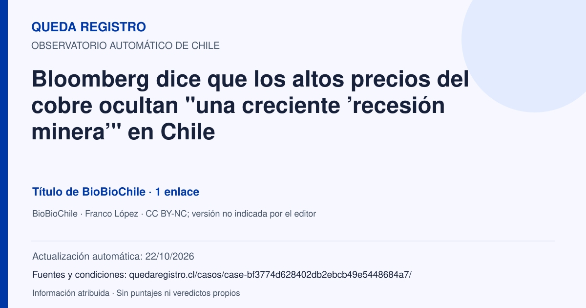 Tarjeta de Queda Registro. Bloomberg dice que los altos precios del cobre ocultan "una creciente ’recesión minera’" en Chile. Título de BioBioChile. 1 enlaces atribuidos. Actualización: 22/10/2026.. Recopilación automática, sin veredicto propio.
