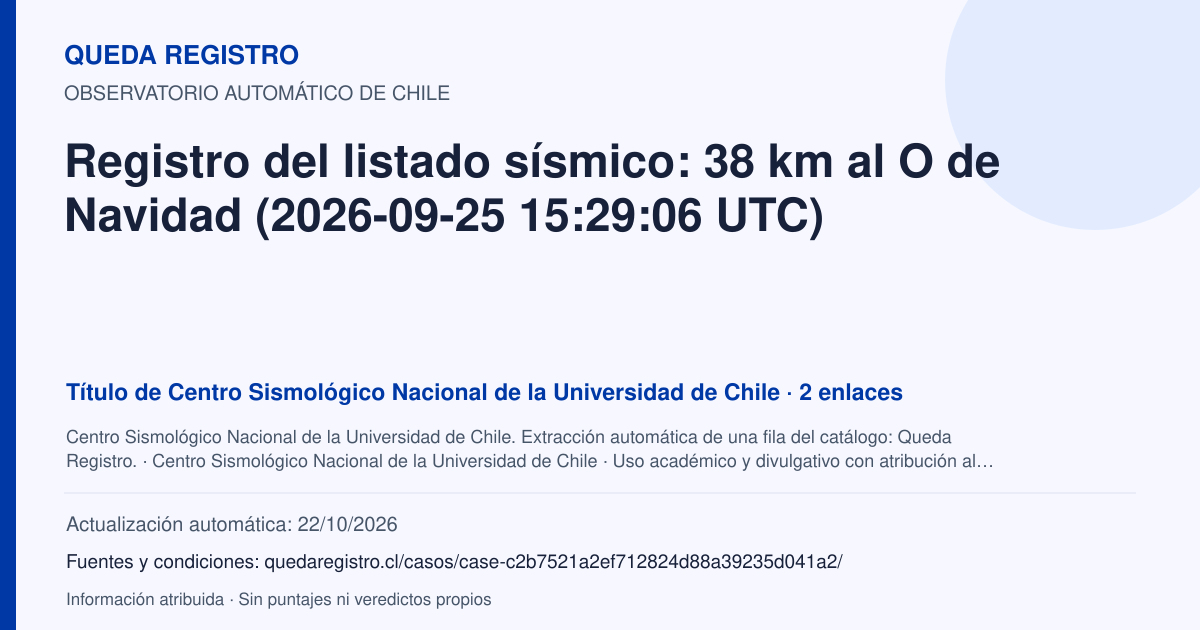 Tarjeta de Queda Registro. Registro del listado sísmico: 38 km al O de Navidad (2026-09-25 15:29:06 UTC). Título de Centro Sismológico Nacional de la Universidad de Chile. 2 enlaces atribuidos. Actualización: 22/10/2026.. Recopilación automática, sin veredicto propio.