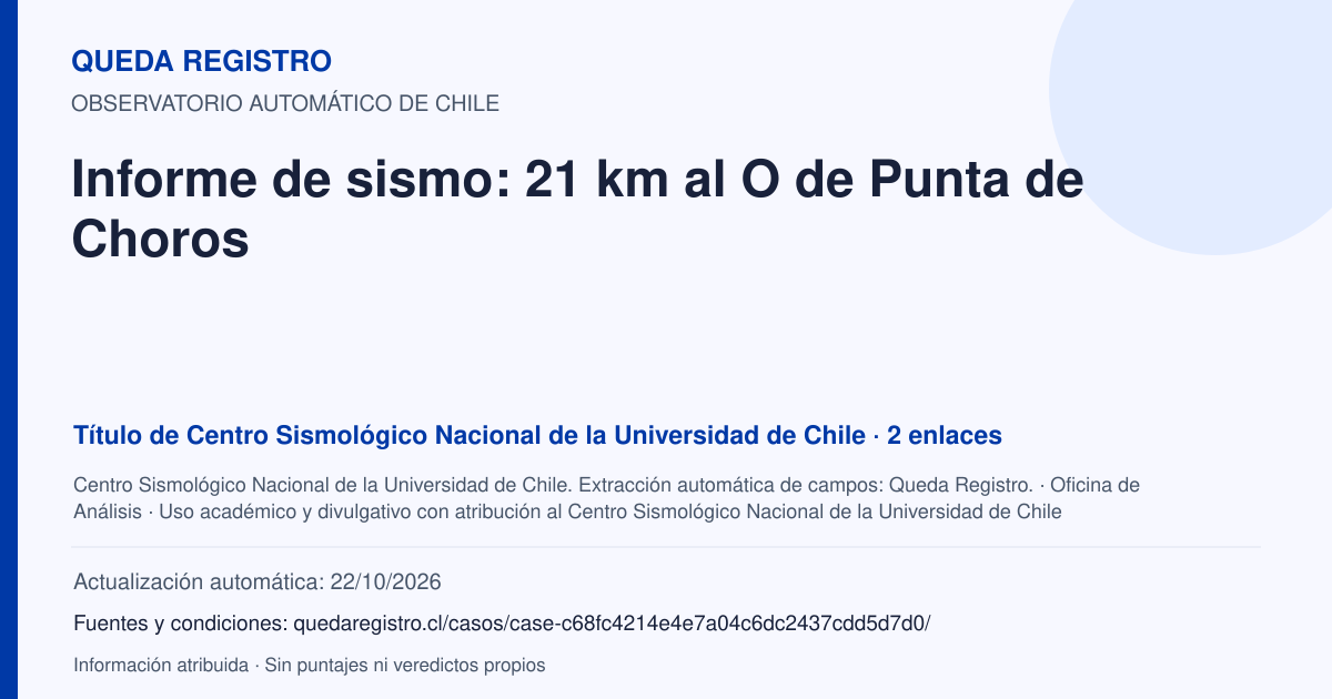 Tarjeta de Queda Registro. Informe de sismo: 21 km al O de Punta de Choros. Título de Centro Sismológico Nacional de la Universidad de Chile. 2 enlaces atribuidos. Actualización: 22/10/2026.. Recopilación automática, sin veredicto propio.