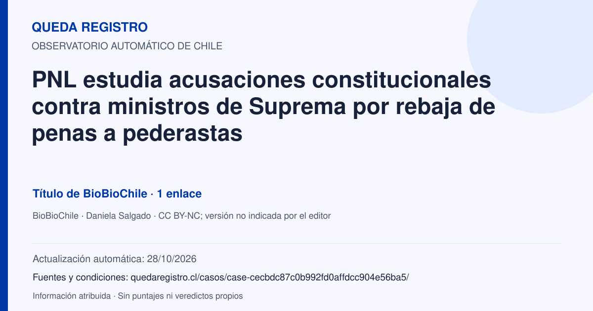 Tarjeta de Queda Registro. PNL estudia acusaciones constitucionales contra ministros de Suprema por rebaja de penas a pederastas. Título de BioBioChile. 1 enlaces atribuidos. Actualización: 28/10/2026.. Recopilación automática, sin veredicto propio.
