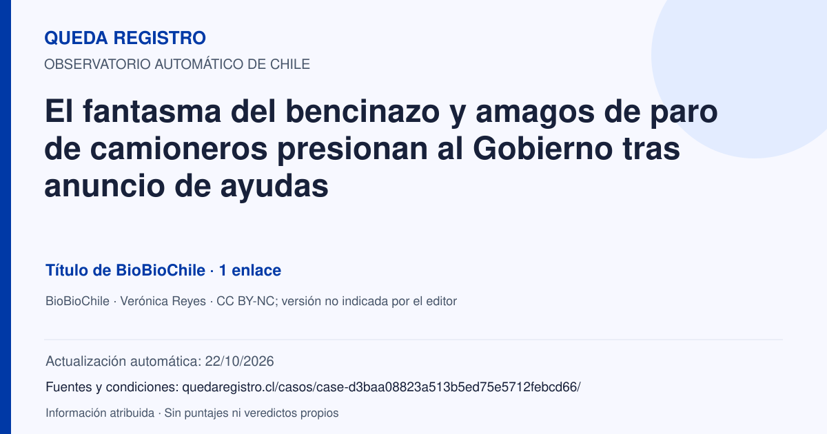 Tarjeta de Queda Registro. El fantasma del bencinazo y amagos de paro de camioneros presionan al Gobierno tras anuncio de ayudas. Título de BioBioChile. 1 enlaces atribuidos. Actualización: 22/10/2026.. Recopilación automática, sin veredicto propio.