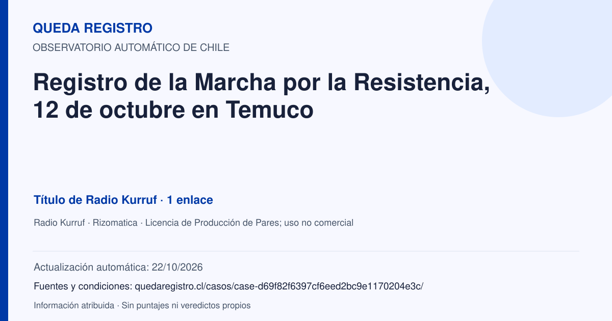Tarjeta de Queda Registro. Registro de la Marcha por la Resistencia, 12 de octubre en Temuco. Título de Radio Kurruf. 1 enlaces atribuidos. Actualización: 22/10/2026.. Recopilación automática, sin veredicto propio.