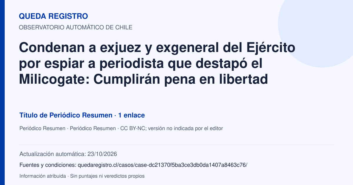 Tarjeta de Queda Registro. Condenan a exjuez y exgeneral del Ejército por espiar a periodista que destapó el Milicogate: Cumplirán pena en libertad. Título de Periódico Resumen. 1 enlaces atribuidos. Actualización: 23/10/2026.. Recopilación automática, sin veredicto propio.
