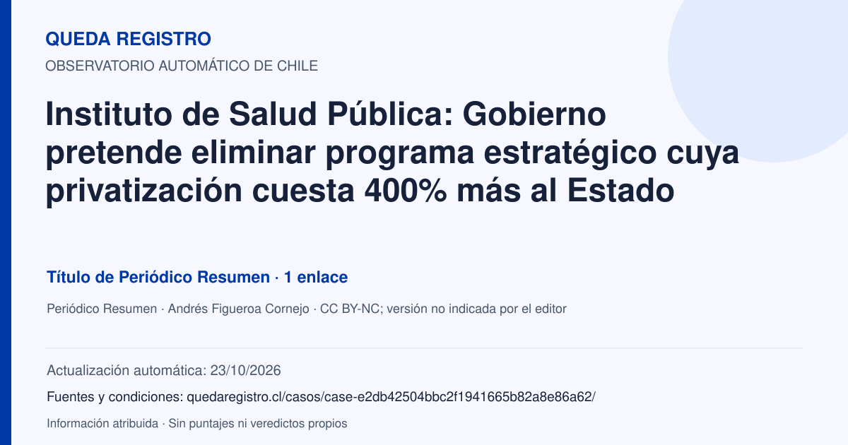 Tarjeta de Queda Registro. Instituto de Salud Pública: Gobierno pretende eliminar programa estratégico cuya privatización cuesta 400% más al Estado. Título de Periódico Resumen. 1 enlaces atribuidos. Actualización: 23/10/2026.. Recopilación automática, sin veredicto propio.