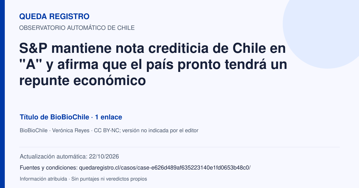 Tarjeta de Queda Registro. S&P mantiene nota crediticia de Chile en "A" y afirma que el país pronto tendrá un repunte económico. Título de BioBioChile. 1 enlaces atribuidos. Actualización: 22/10/2026.. Recopilación automática, sin veredicto propio.