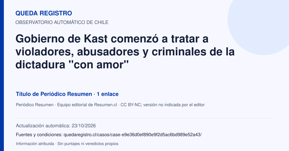 Tarjeta de Queda Registro. Gobierno de Kast comenzó a tratar a violadores, abusadores y criminales de la dictadura "con amor". Título de Periódico Resumen. 1 enlaces atribuidos. Actualización: 23/10/2026.. Recopilación automática, sin veredicto propio.