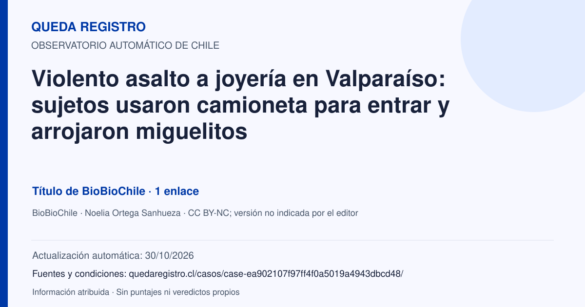 Tarjeta de Queda Registro. Violento asalto a joyería en Valparaíso: sujetos usaron camioneta para entrar y arrojaron miguelitos. Título de BioBioChile. 1 enlaces atribuidos. Actualización: 30/10/2026.. Recopilación automática, sin veredicto propio.