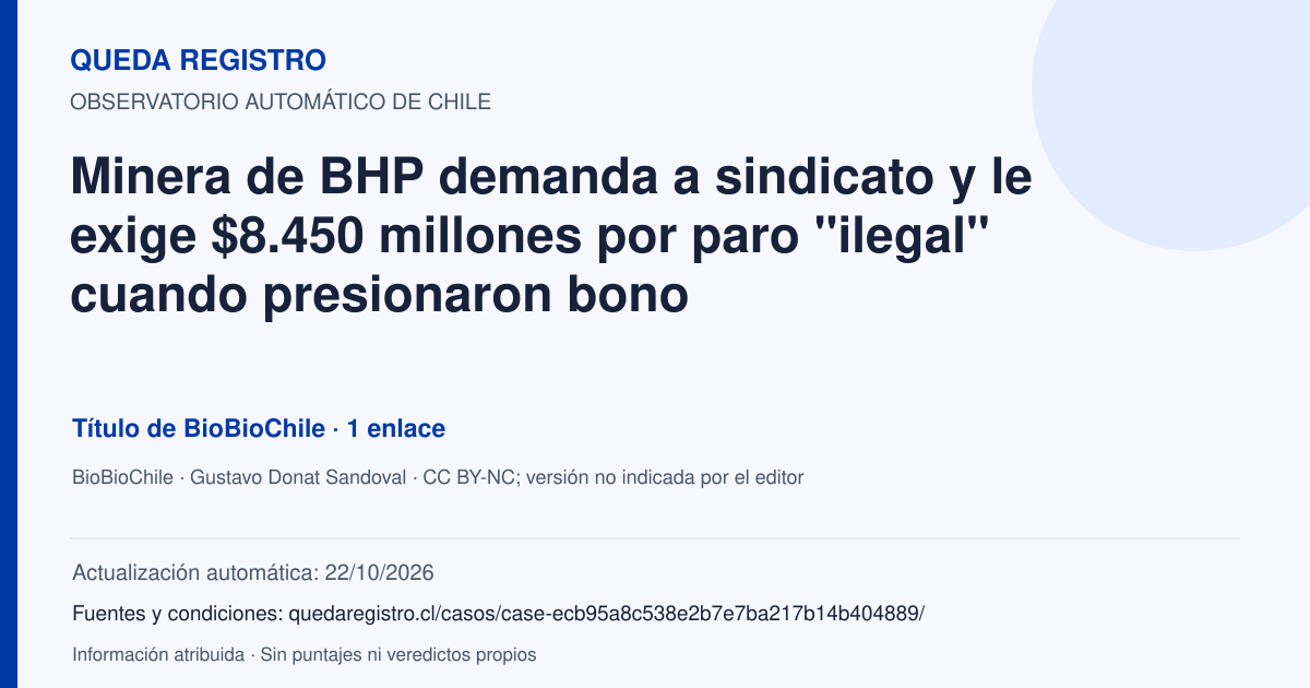 Tarjeta de Queda Registro. Minera de BHP demanda a sindicato y le exige $8.450 millones por paro "ilegal" cuando presionaron bono. Título de BioBioChile. 1 enlaces atribuidos. Actualización: 22/10/2026.. Recopilación automática, sin veredicto propio.