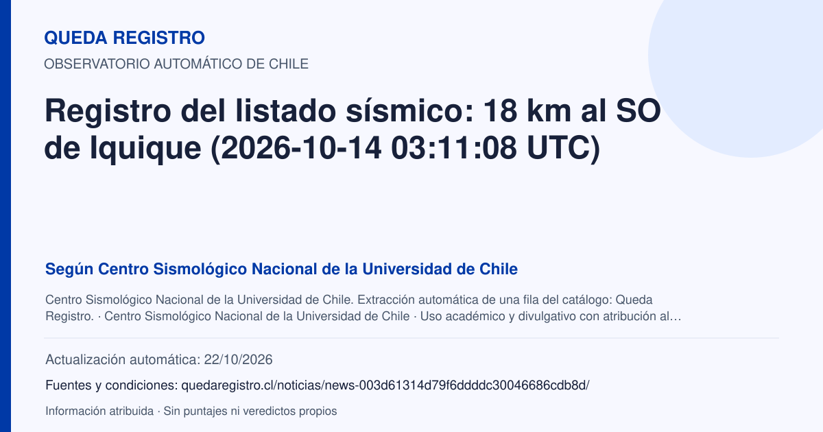 Tarjeta de Queda Registro. Registro del listado sísmico: 18 km al SO de Iquique (2026-10-14 03:11:08 UTC). Título de Centro Sismológico Nacional de la Universidad de Chile. Publicación: Fecha no disponible.. Recopilación automática, sin veredicto propio.