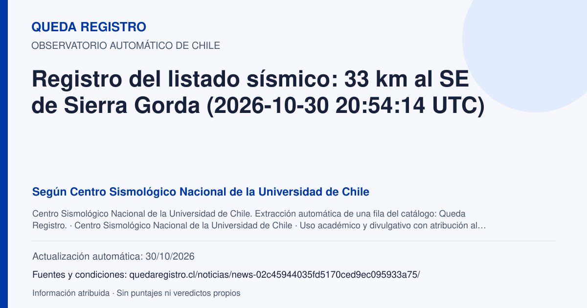 Tarjeta de Queda Registro. Registro del listado sísmico: 33 km al SE de Sierra Gorda (2026-10-30 20:54:14 UTC). Título de Centro Sismológico Nacional de la Universidad de Chile. Publicación: Fecha no disponible.. Recopilación automática, sin veredicto propio.