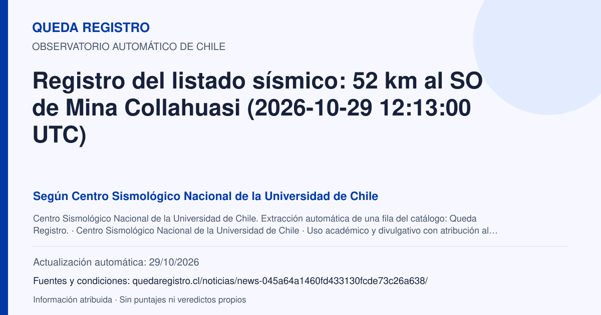 Tarjeta de Queda Registro. Registro del listado sísmico: 52 km al SO de Mina Collahuasi (2026-10-29 12:13:00 UTC). Título de Centro Sismológico Nacional de la Universidad de Chile. Publicación: Fecha no disponible.. Recopilación automática, sin veredicto propio.
