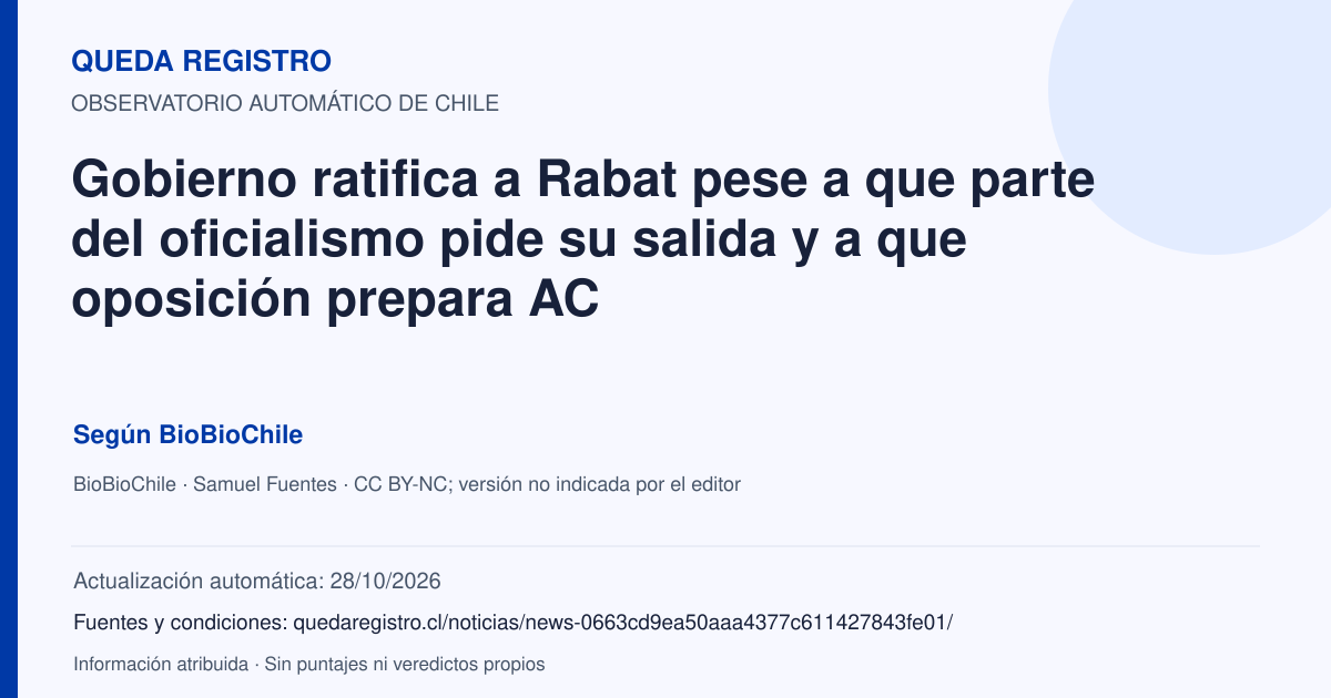 Tarjeta de Queda Registro. Gobierno ratifica a Rabat pese a que parte del oficialismo pide su salida y a que oposición prepara AC. Título de BioBioChile. Publicación: 28/10/2026.. Recopilación automática, sin veredicto propio.