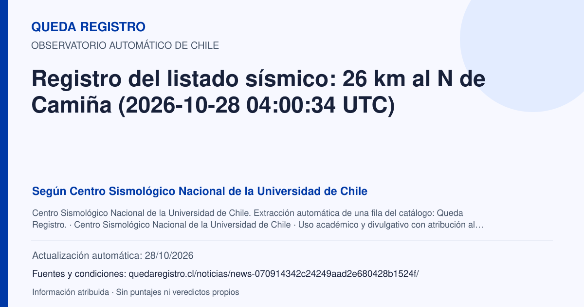 Tarjeta de Queda Registro. Registro del listado sísmico: 26 km al N de Camiña (2026-10-28 04:00:34 UTC). Título de Centro Sismológico Nacional de la Universidad de Chile. Publicación: Fecha no disponible.. Recopilación automática, sin veredicto propio.