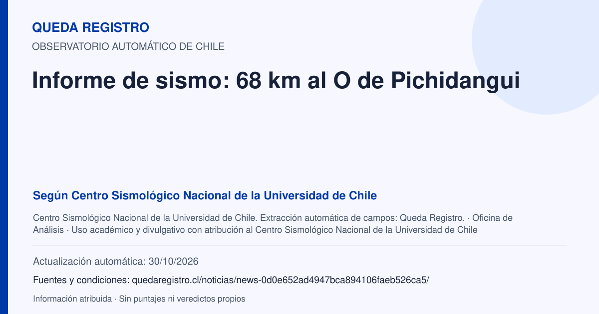 Tarjeta de Queda Registro. Informe de sismo: 68 km al O de Pichidangui. Título de Centro Sismológico Nacional de la Universidad de Chile. Publicación: Fecha no disponible.. Recopilación automática, sin veredicto propio.