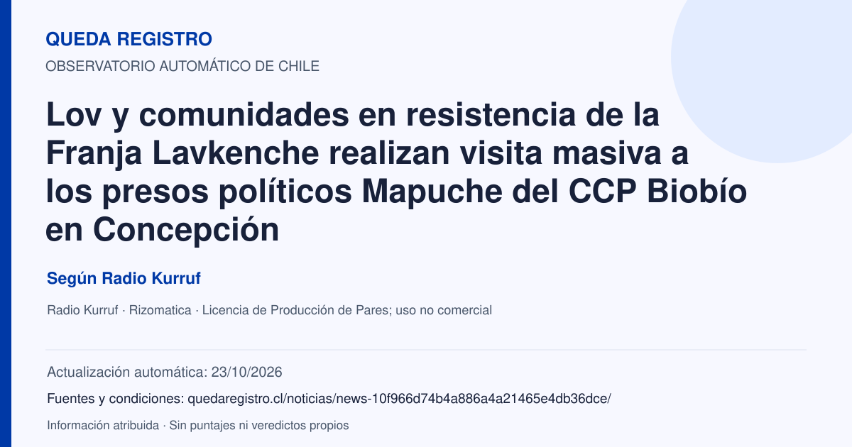 Tarjeta de Queda Registro. Lov y comunidades en resistencia de la Franja Lavkenche realizan visita masiva a los presos políticos Mapuche del CCP Biobío en Concepción. Título de Radio Kurruf. Publicación: 22/10/2026.. Recopilación automática, sin veredicto propio.