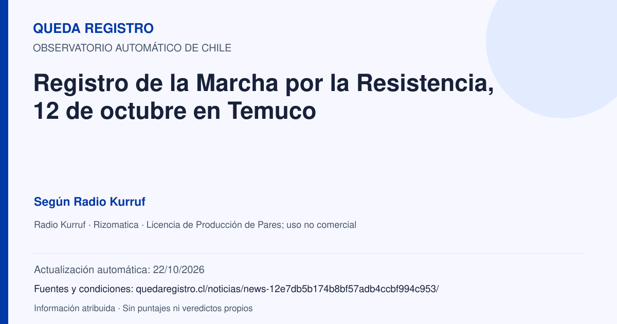 Tarjeta de Queda Registro. Registro de la Marcha por la Resistencia, 12 de octubre en Temuco. Título de Radio Kurruf. Publicación: 14/10/2026.. Recopilación automática, sin veredicto propio.