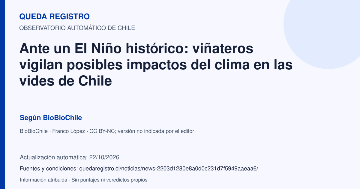 Tarjeta de Queda Registro. Ante un El Niño histórico: viñateros vigilan posibles impactos del clima en las vides de Chile. Título de BioBioChile. Publicación: 20/10/2026.. Recopilación automática, sin veredicto propio.