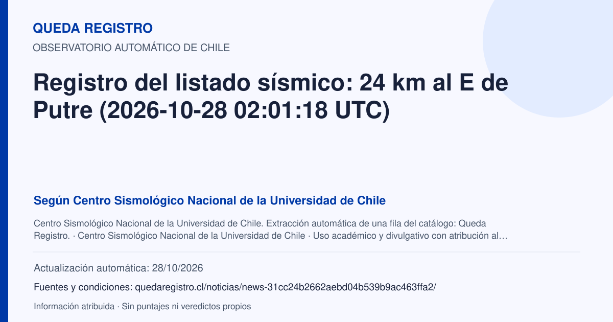Tarjeta de Queda Registro. Registro del listado sísmico: 24 km al E de Putre (2026-10-28 02:01:18 UTC). Título de Centro Sismológico Nacional de la Universidad de Chile. Publicación: Fecha no disponible.. Recopilación automática, sin veredicto propio.