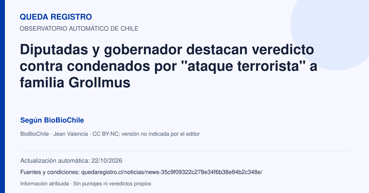 Tarjeta de Queda Registro. Diputadas y gobernador destacan veredicto contra condenados por "ataque terrorista" a familia Grollmus. Título de BioBioChile. Publicación: 03/09/2026.. Recopilación automática, sin veredicto propio.