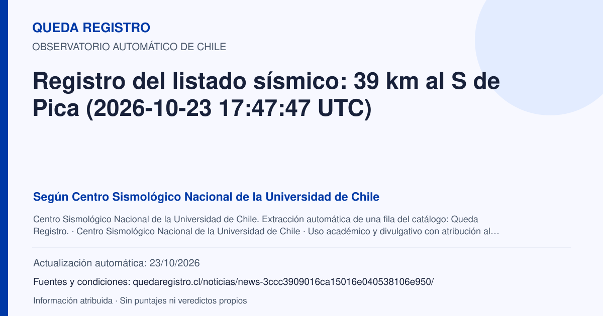 Tarjeta de Queda Registro. Registro del listado sísmico: 39 km al S de Pica (2026-10-23 17:47:47 UTC). Título de Centro Sismológico Nacional de la Universidad de Chile. Publicación: Fecha no disponible.. Recopilación automática, sin veredicto propio.