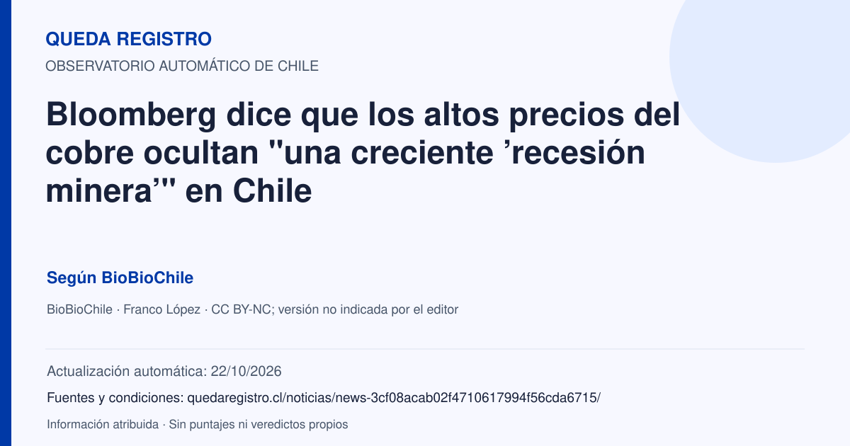 Tarjeta de Queda Registro. Bloomberg dice que los altos precios del cobre ocultan "una creciente ’recesión minera’" en Chile. Título de BioBioChile. Publicación: 20/10/2026.. Recopilación automática, sin veredicto propio.
