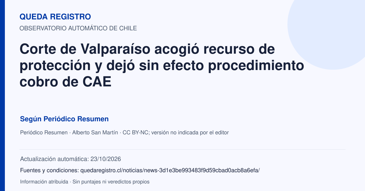 Tarjeta de Queda Registro. Corte de Valparaíso acogió recurso de protección y dejó sin efecto procedimiento cobro de CAE. Título de Periódico Resumen. Publicación: 11/06/2026.. Recopilación automática, sin veredicto propio.
